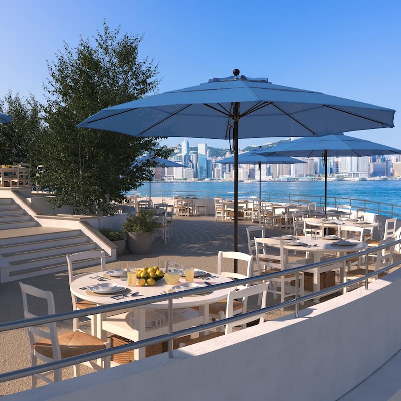 California Umbrella 11' Venture Series Patio Umbrella, Bronze Aluminum Pole Fiberglass Ribs Pulley Lift, Olefin Royal Blue
