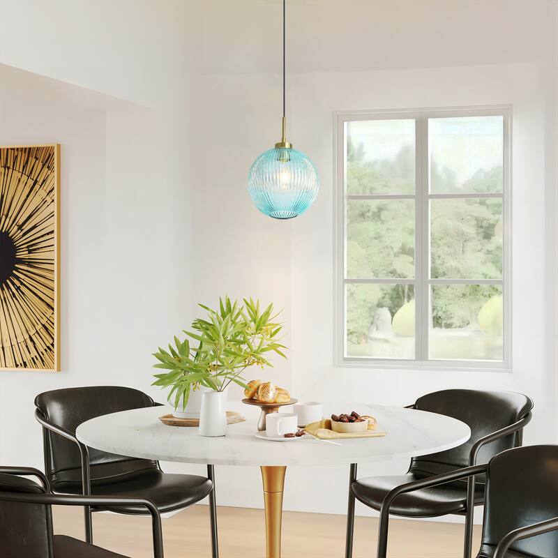 1-Light 9.8" W Mid-century Modern Metal Hanging Pendant Light with Blue Ribbed Glass Globe Shade for Kitchen Island, Dining Room
