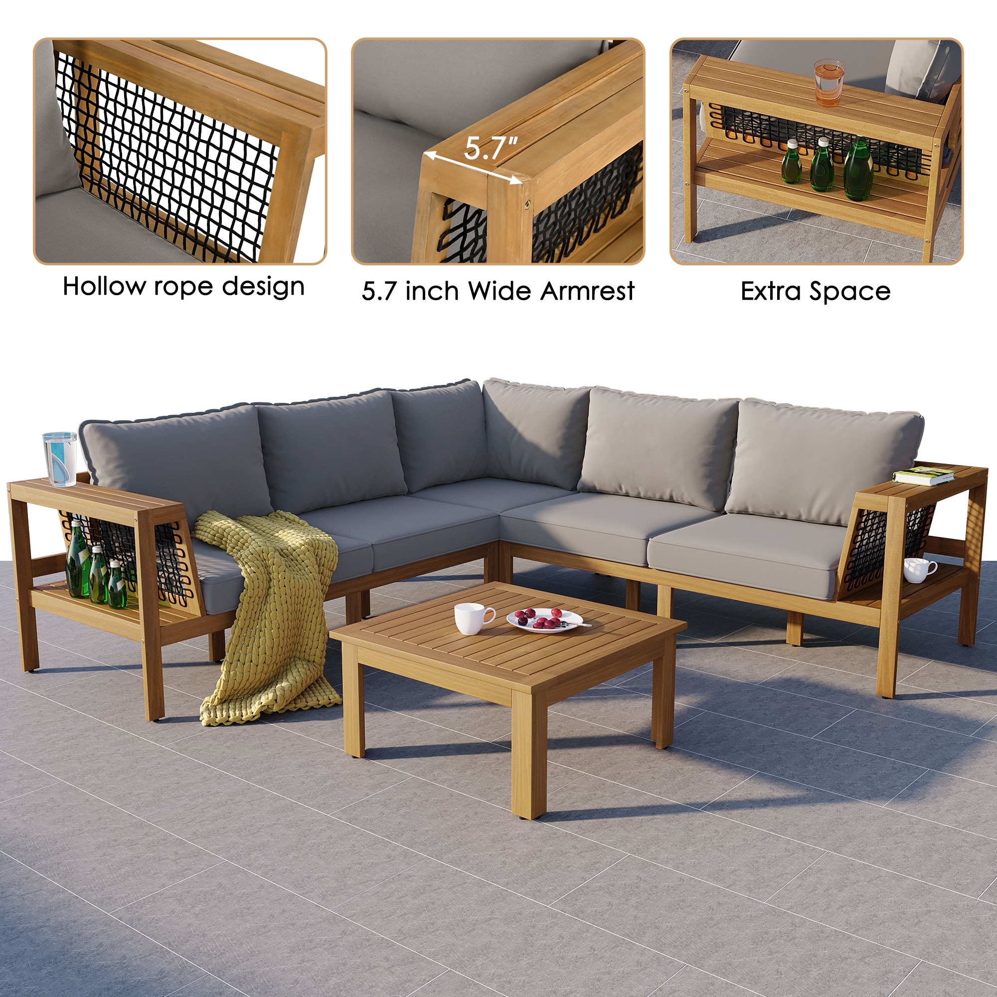 その他 Sofa With Table For sale 4-Pieces Outdoor Acacia Wood L-Shaped Sectional Sofa Set with