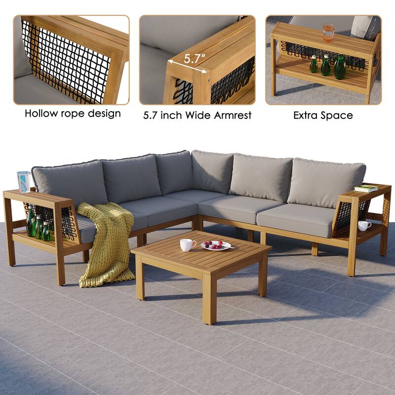 4-Pieces Outdoor Acacia Wood L-Shaped Sectional Sofa Set with Coffee Table and Arm Side Table