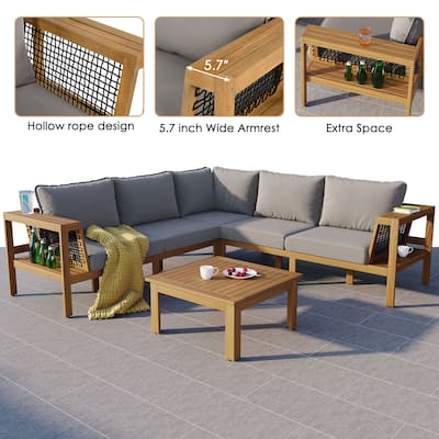 Patio Sofa Set L-Shape Sectional Recliner Sofa Wood Sleeper Couch 4 Pieces Conversation Set wSide Storage Shelf & Coffee Table