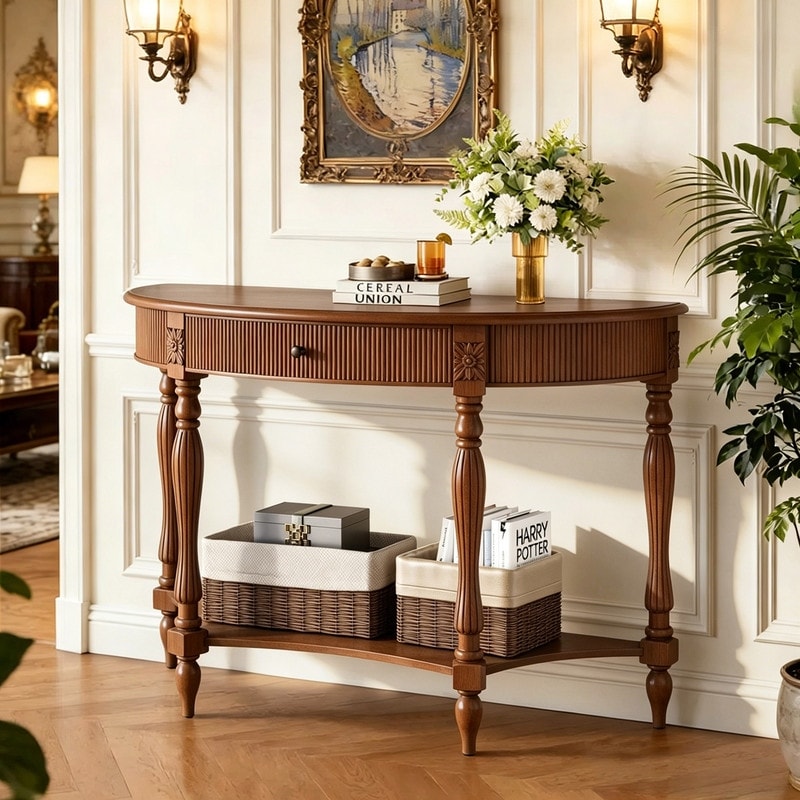 Vintage Curved Console Table, 45" Half-Moon Entryway Table Rustic Accent Table with Solid Wood Roman Design Legs