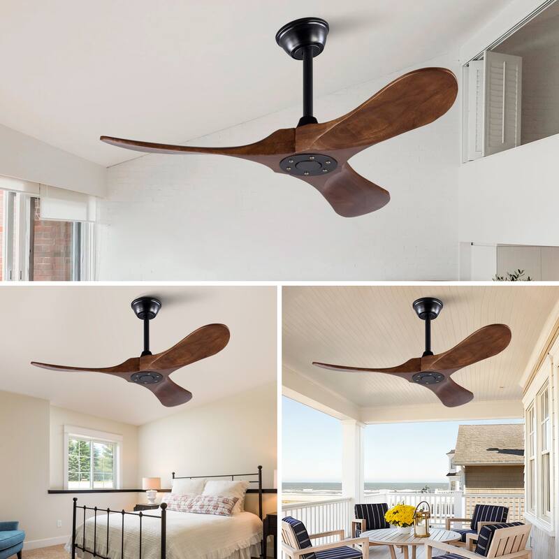 42" Solid Wood Ceiling Fan, Outdoor, 3 Blade, No Light, for Patio Living Room Bedroom Porch, Remote Control, Water Resistant