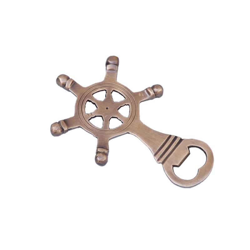 5 Inch Solid Metal Nautical Ship Wheel Bottle Opener for Bar or Kitchen Decor - 5" L x 2" W x 1" H - Antique Brass