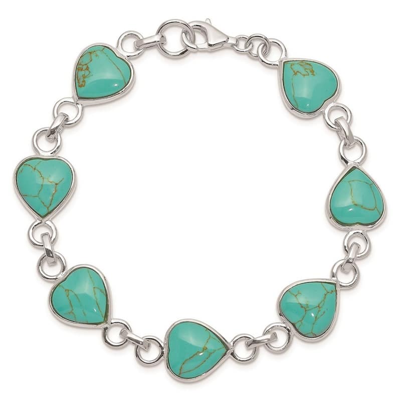 Curata 925 Sterling Silver Polished Open back Fancy Lobster Closure Love Heart shaped Created Simulated Turquoise Bracelet 7