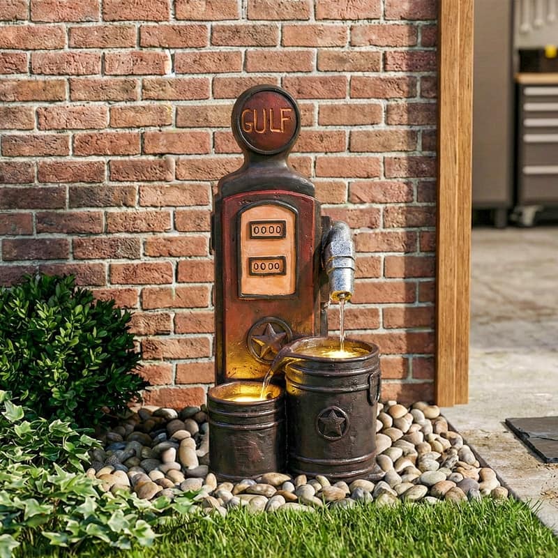 Vintage Gas Pump Water Fountain with Barrels 20.28in Tall and Lights Perfect for Garden Decor