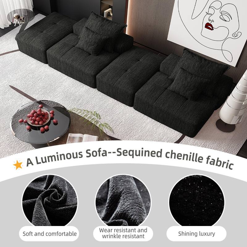 Modern Oversized Modular Sectional Sofa with Ottoman, Sparkling Chenille Fabric, No Assembly Required