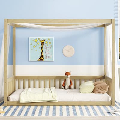 Full Size Canopy Frame Floor Bed with Fence