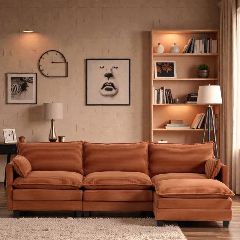 Oversized Modular Sectional Sofa with Ottoman, 102 Inch 4 Seat Corduroy L Shaped Couch for Living Room