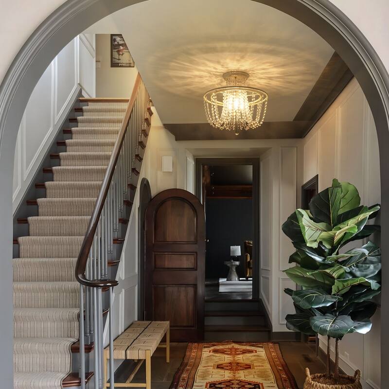 3-Light 17.32" Vintage Antique White Circle Round Crystal Semi-Flush Mount Light - 17.32 in. W x 16.14 in. H