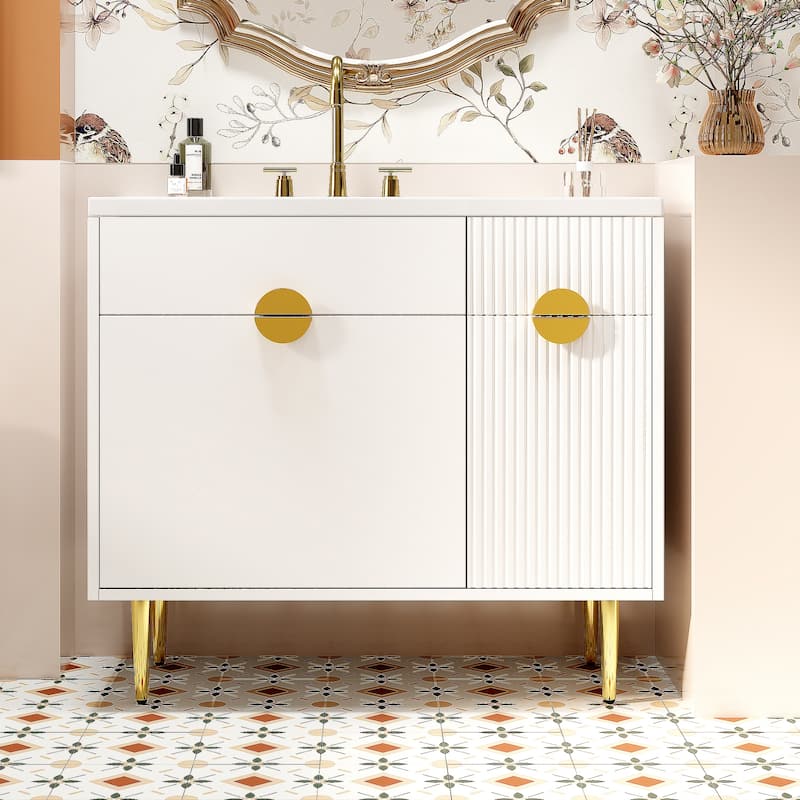 36" Bathroom Vanity with Resin Basin Sink, Modern Bathroom Sink Storage Cabinet with Soft-Closing Door and Drop-Down Door - White
