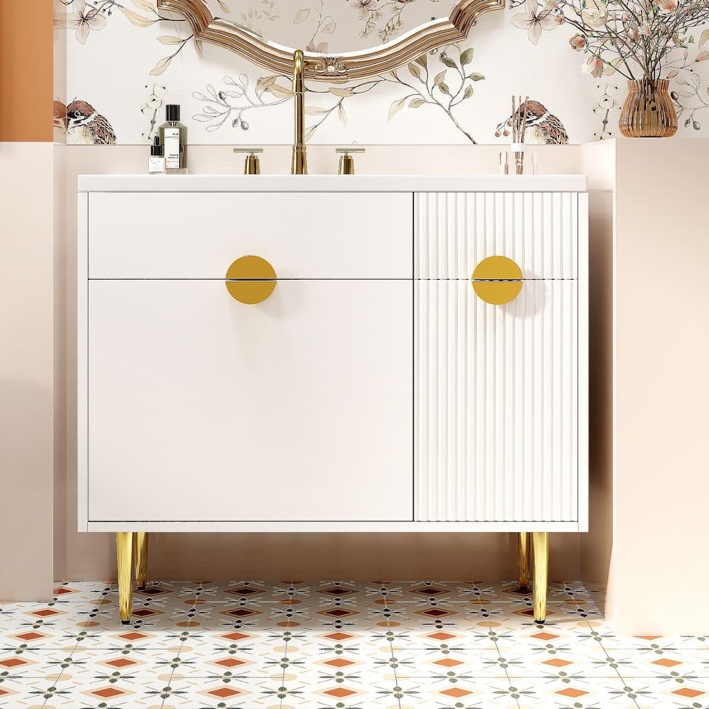 36" Bathroom Vanity with Resin Basin Sink, Modern Bathroom Sink Storage Cabinet with Soft-Closing Door and Drop-Down Door