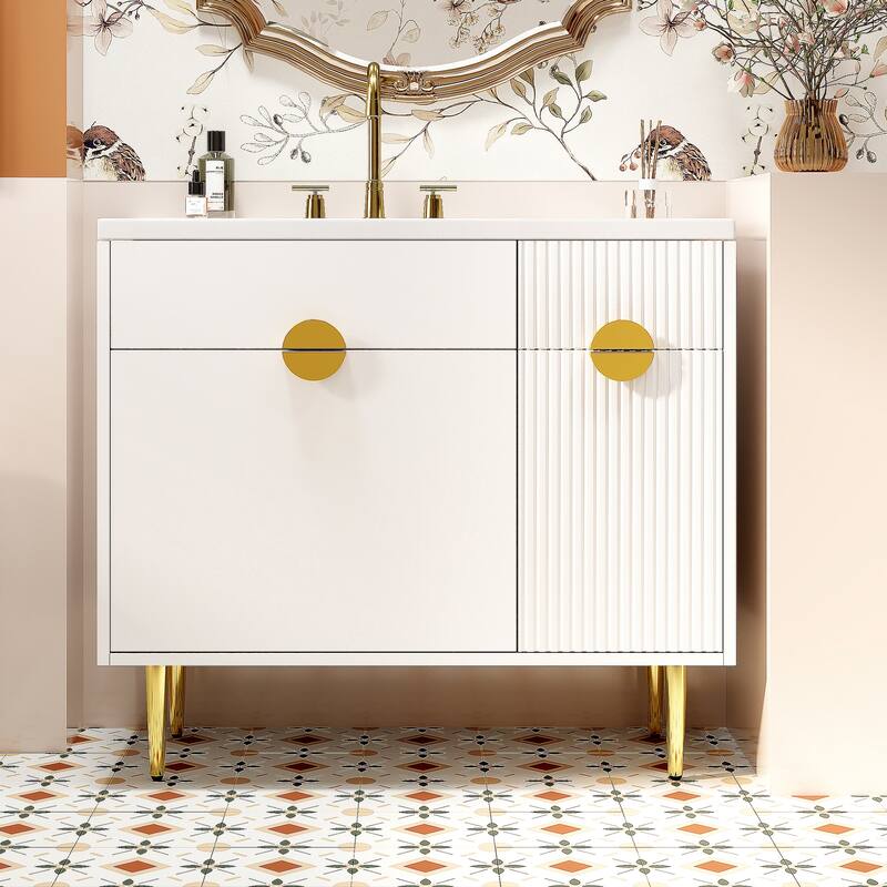 36" Bathroom Vanity with Resin Basin Sink Modern Sink Storage Cabinet with Soft-Closing Door and Drop-Down Door