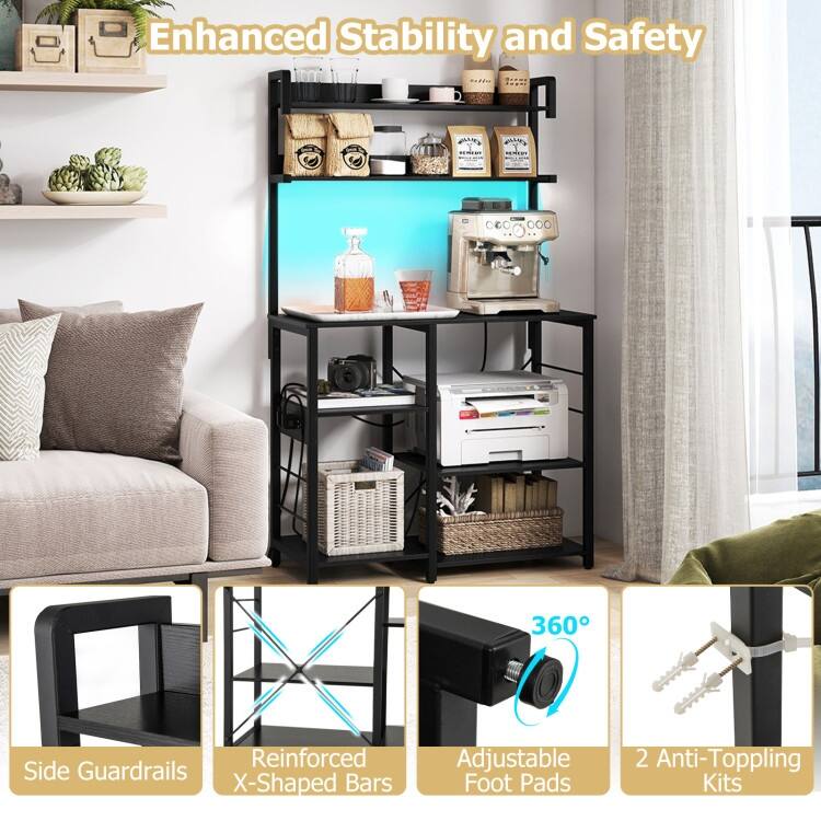 Kitchen Baker’s Rack with Charging Station, LED Light, Coffee Bar Station with Shelves - 35.5" x 16" x 58"
