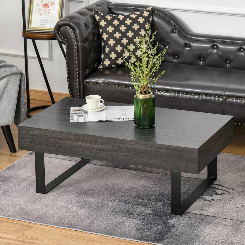 Mid-century Modern Coffee Table with Storage Drawer, Metal Sled Designed Legs and Wood Grain Surface for Living Room