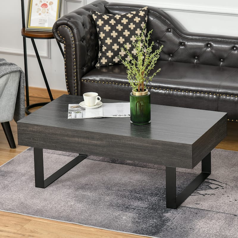 Rustic Dark Grey Coffee Table with Drawer and Metal Frame for Living Room - 43.25"W x 23.5"D x 15.75"H