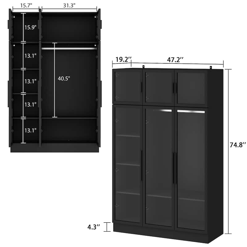 47.2" Wide Armoire LED Light All Glass Door Closet Cabinet Wardrobe