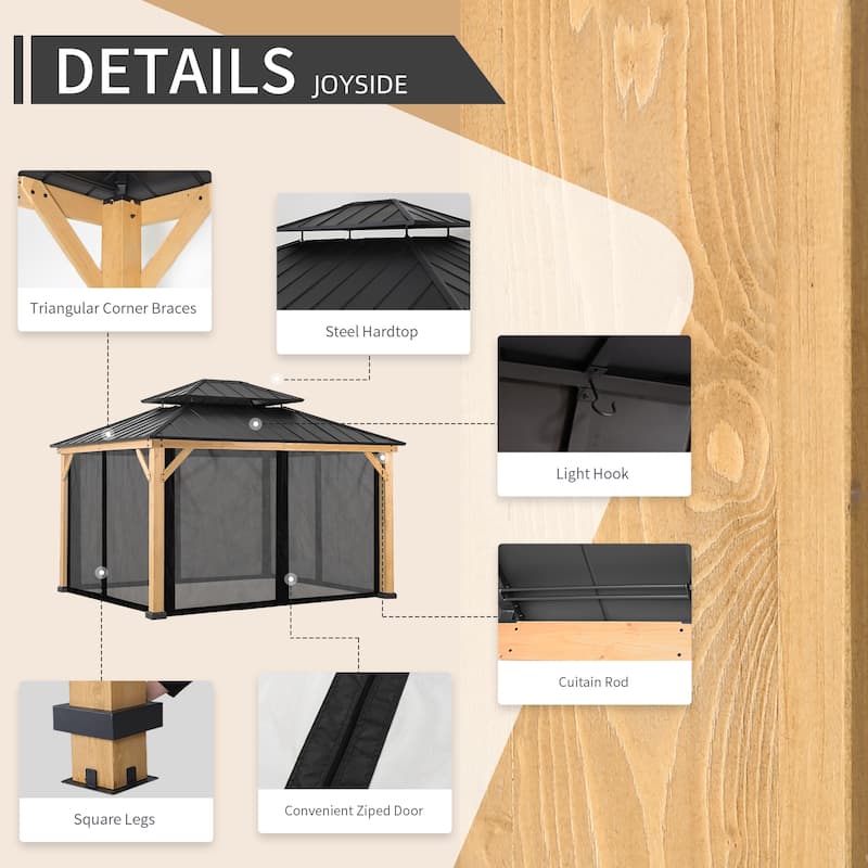 Cozywor 13 ft. x 11 ft. Wood Gazebo with Mosquito Netting Double Steel Roof Hardtop