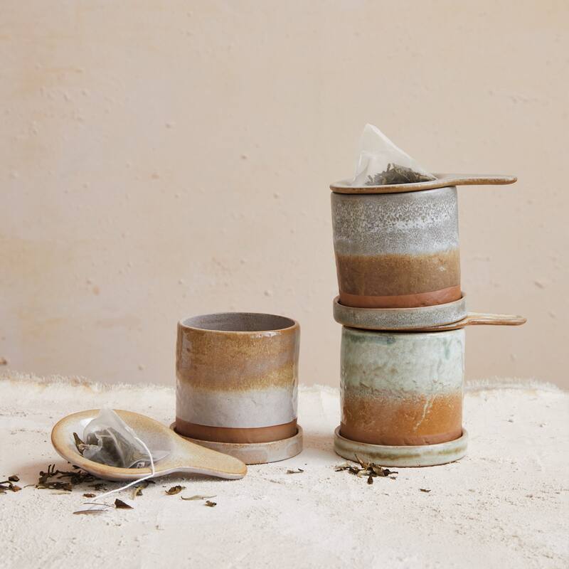 Stoneware Coffee Filter Set with Cup and Saucer, Set of 3 - 5.4"L x 4.1"W x 3.8"H - 5.4"L x 4.1"W x 3.8"H - Multi