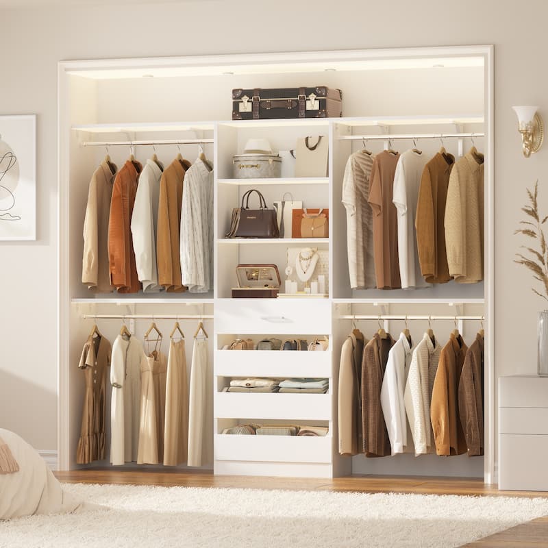 Rackcog 96'' Closet System with 4 Drawers and 4 Hanging Rods, 8FT Wood Closet Organizer for Walk-in Closet - White
