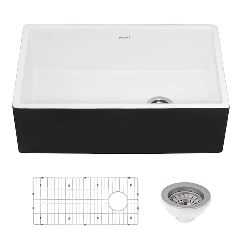 Ruvati 30-inch Fireclay Farmhouse Offset Drain Kitchen Sink Single Bowl Black and White Dual Color RVL4018RBW - 8' x 11'