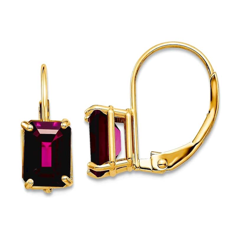 Curata 14k Yellow Gold 7x5mm Emerald-Cut Genuine Gemstone Leverback Earrings - 5x16mm - Rhodolite Garnet