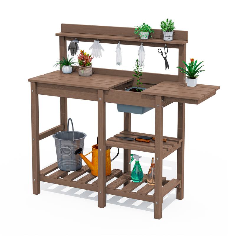 HDPE Patio Outdoor Potting Table, Versatile Gardening Planting Workbench - Brown