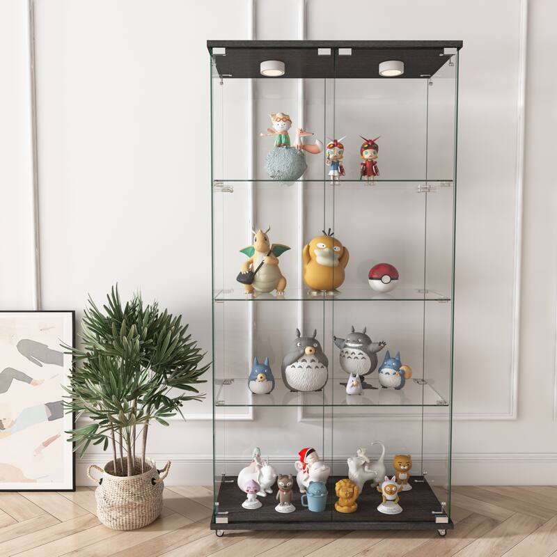 Modern Glass Display Cabinet with LED lights, Quick-assembly Antique Cabinet, Tempered Glass Bookshelf - Transparent