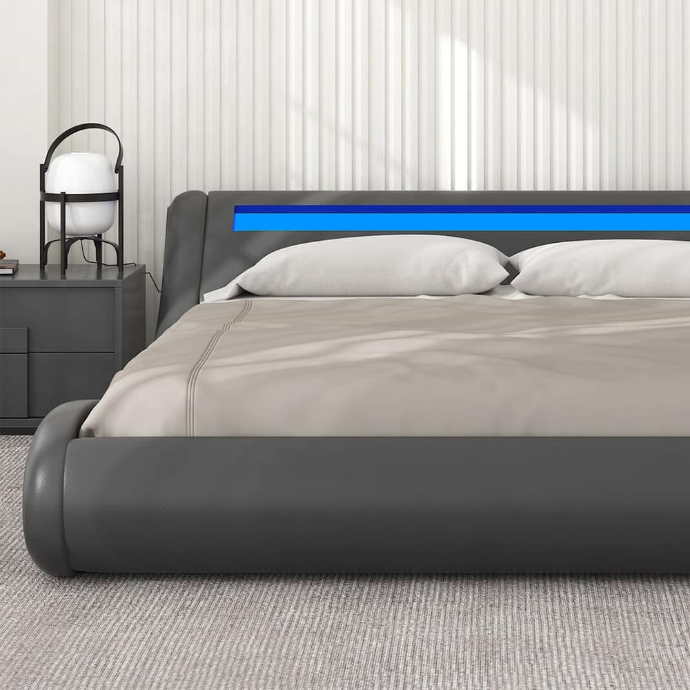 King Size Modern Platform Bed Frame with Led Lights Headboard, Grey