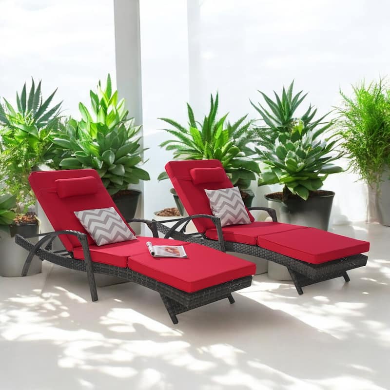 Outdoor Wicker Reclining Lounge Chairs Set of 2 with Cushions – Adjustable, Lawn Chairs for Patio, Poolside, and Garden
