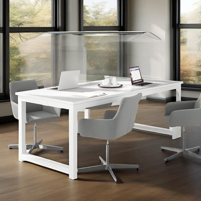 Modern Executive Desk with Wood-Grain Top, White Accents & Metal Frame Spacious Computer & Office Workstation