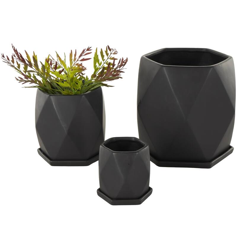 Black or White Ceramic Patterned Geometric Indoor Outdoor Planter with Attached Saucer (Set of 3)