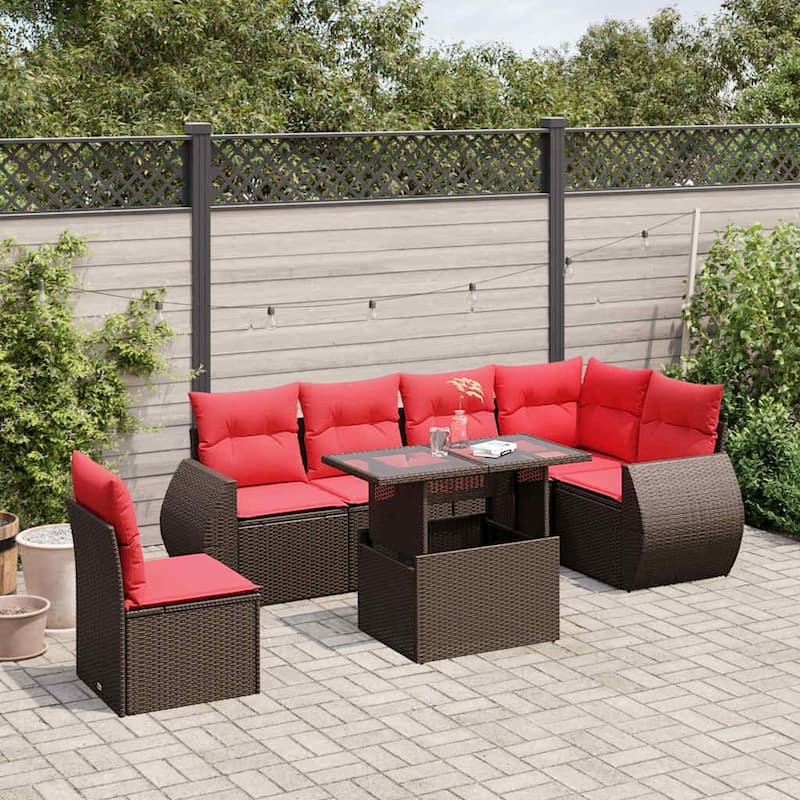 vidaXL 7 Piece Patio Sofa Set with Cushions Black/Brown/Gray Poly Rattan - 24.4 x 24.4 x 27.2