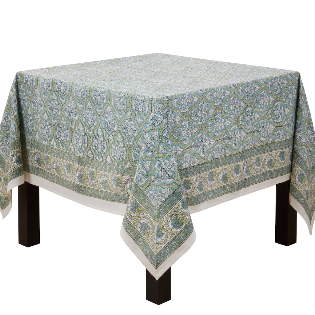 Ornate Floral Border Cotton Tablecloth with Traditional Motif & Decorative Edge Detail - 70"