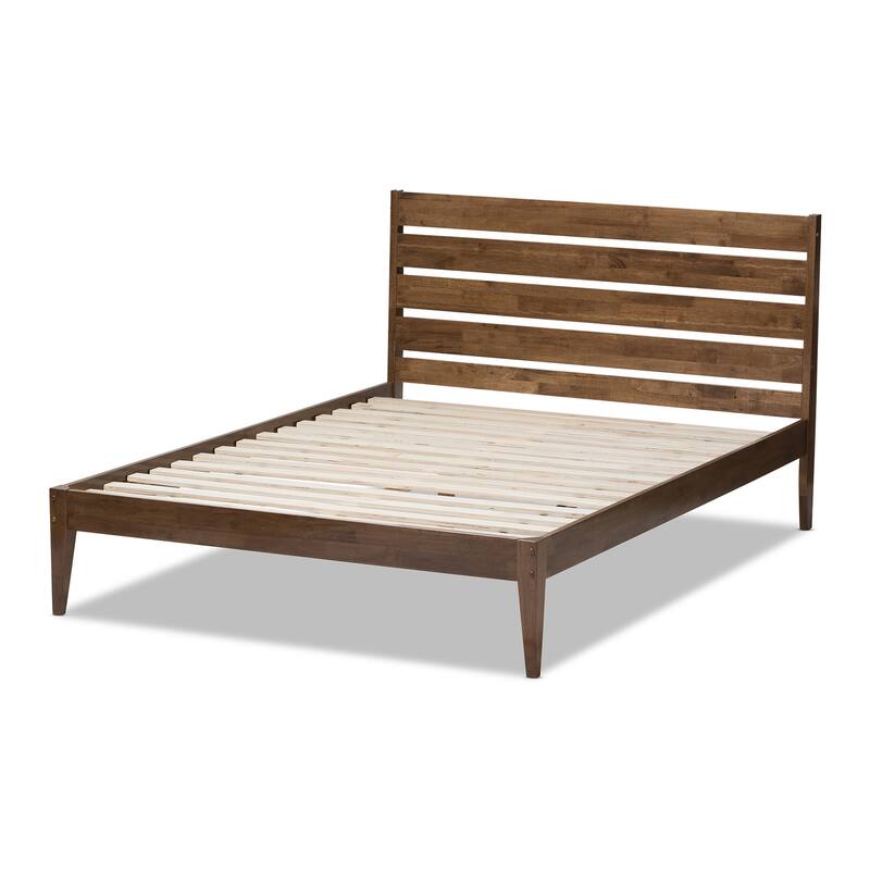 Full Size Platform Bed - Modern Wood Slatted Headboard - Contemporary Bed Frame - Solid Wood Bed