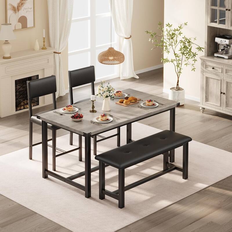 Dining Table Set for 4, Kitchen Table and 2 Upholstered Chairs with Bench - Rustic Gray