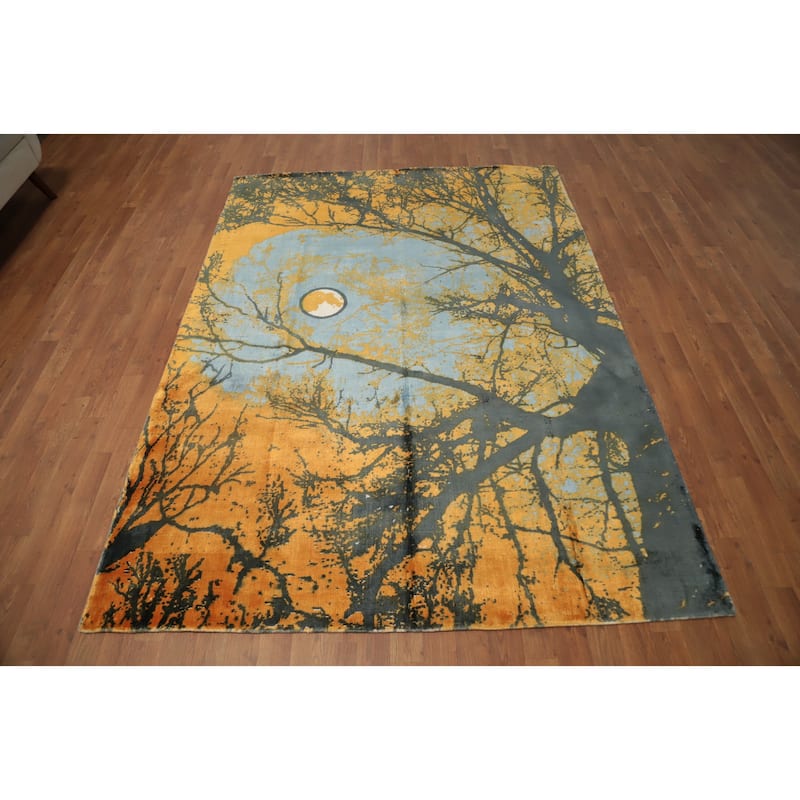 Hand Knotted Oriental Viscose Silk Carpet Modern Pictorial Oranges & Rust Abstract Area Rug - 7' 10'' X 5' 8''