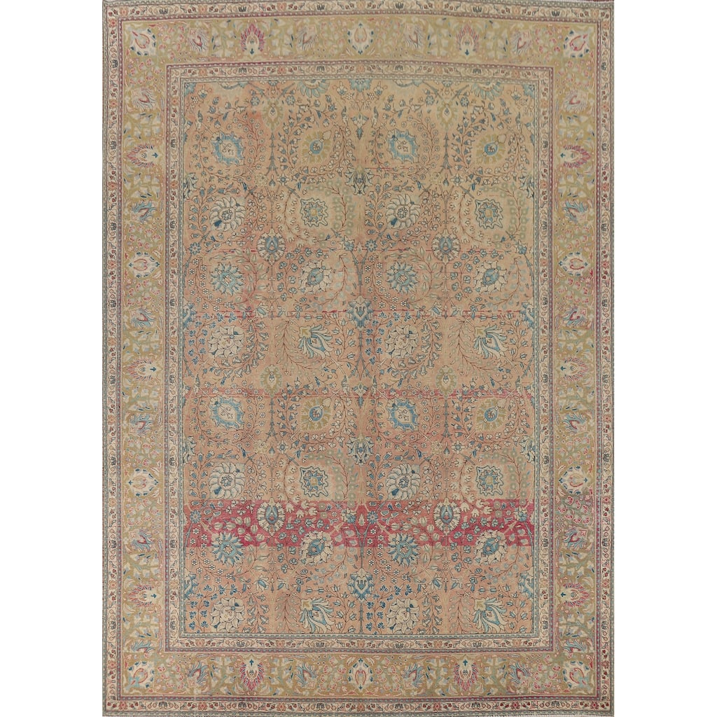 Distressed Floral Tabriz Vintage Persian Area Rug Handmade Wool Carpet - 9'9" x 12'8"