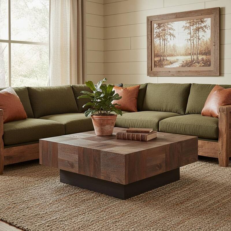 HomeRoots 40" Dark Brown and Black Solid Wood Square Block Coffee Table