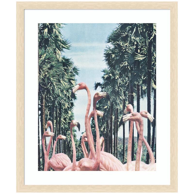 Kate and Laurel Framed Art Palm Trees and Flamingos by Sarah Eisenlohr - Natural