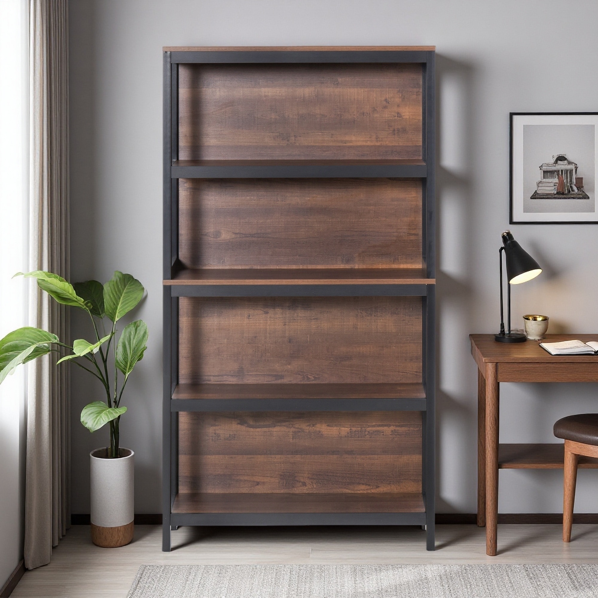 59.8"H Storage Shelf, Particleboard with Wood Frame, 4-Tier Bookshelf Utility Organizer with Anti-Tipping Features