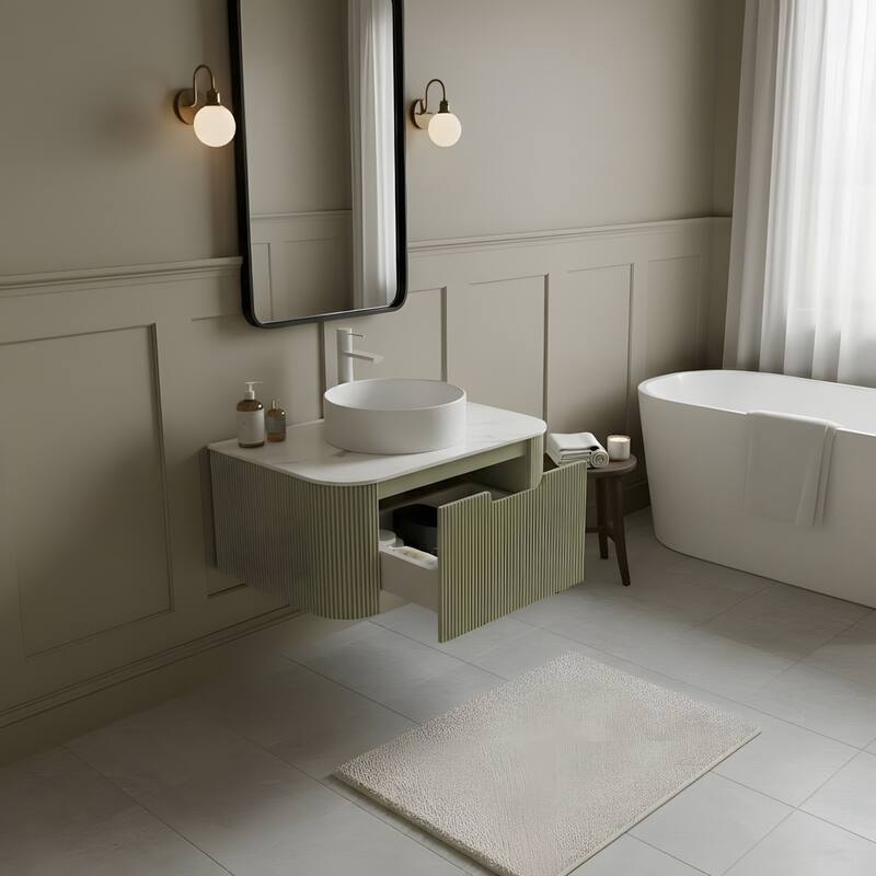Wall Mounted Bathroom with White Round Ceramic Basin and Drawer
