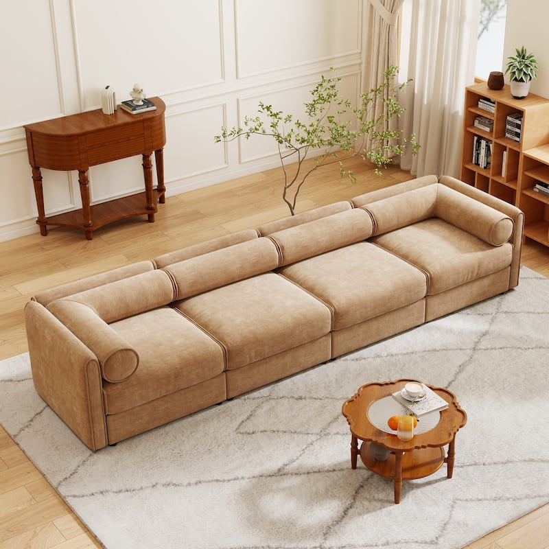 142.5" Oversized Modular Chenille Sectional Sofa with Storage Seat, Modern Upholstered Couch with Cylindrical Backrest, Armrests