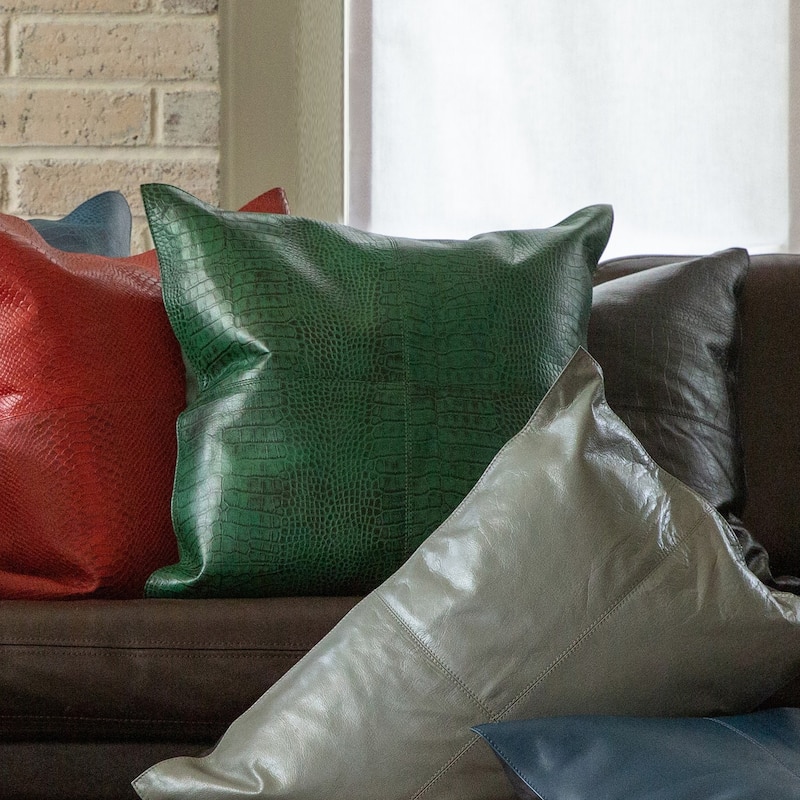 HiEnd Accents Genuine Leather Embossed Croc Pillow, 20"x20" - Emerald