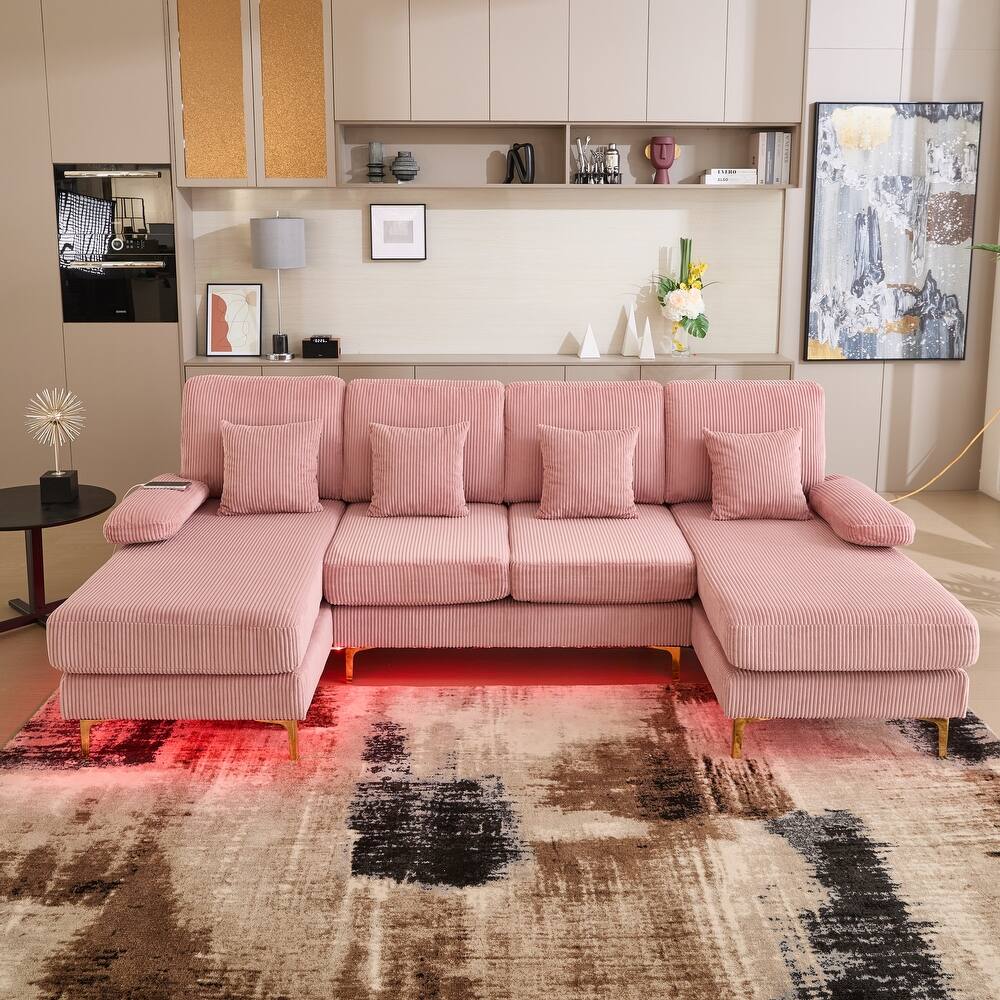 HOMEFUN Corduroy Upholstered U-shaped Adjustable Light Modular Sectional Sofa With Type-C and USB ports