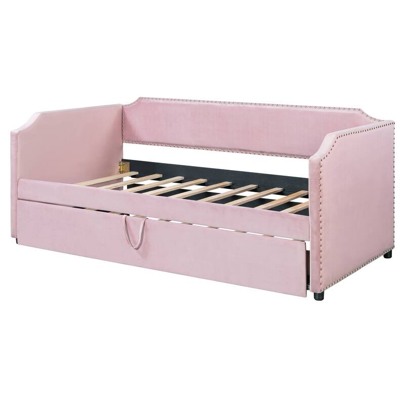 Twin Size Velvet Upholstered Daybed with Pop Up Trundle Bed, Low Profile Panel Bed Frame, 2-in-1 Daybed Design