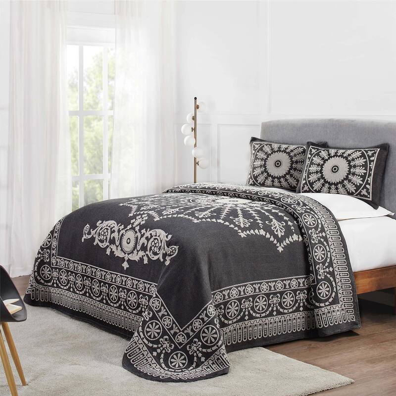 Superior Cotton Blend Oversized Classic Medallion Bedspread Set - Charcoal - Twin