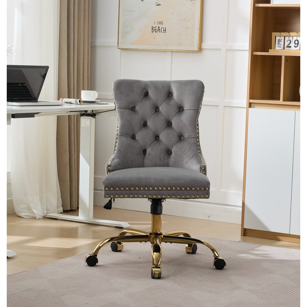 Roomfitters Velvet Tufted Office Chair, Adjustable Swivel Desk Chair with Gold Metal Base and Nailhead Trim