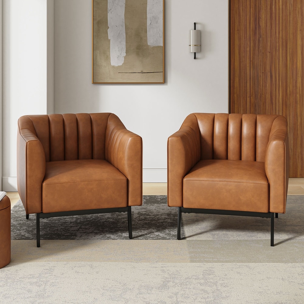 Alfons Industrial Leather Chair with Channel Tufting and Metal Leg Set of 2 by HULALA HOME