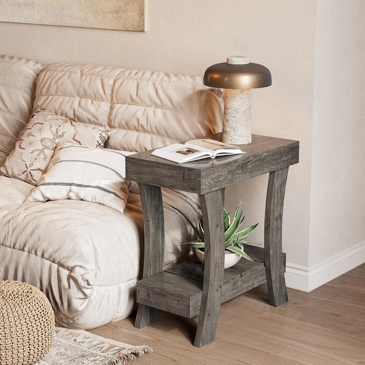2-Tier Narrow End Table with Storage Shelf for Bedroom, Living Room, Small Spaces